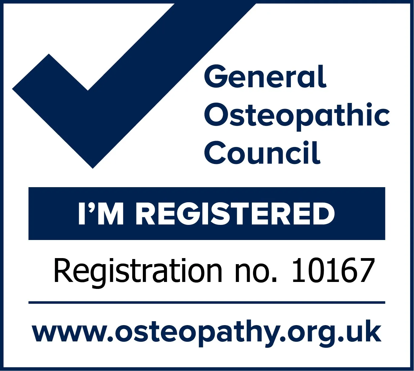 General Osteopathic Council, I'm registered, registration no. 10167